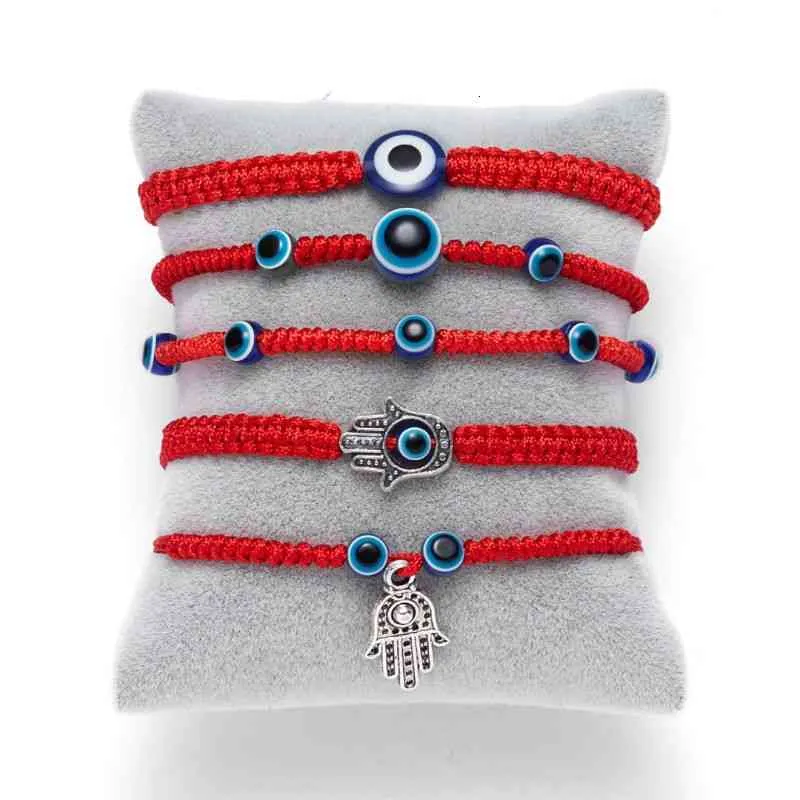 5-teiliges türkisches Armband-Set mit bösem Blick und Glücksbringer, Kabbala, rote Schnur, verstellbare blaue Perlen, Glücksschmuck, Unisex_voghion.com