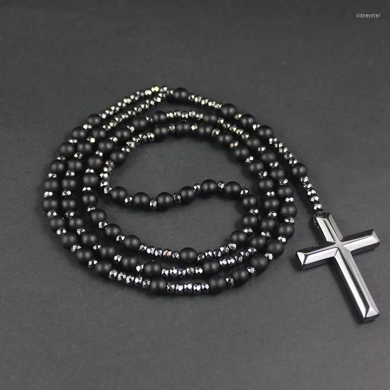 Colliers pendentifs en hématite pour hommes, croix, chapelet, collier de perles, crucifix, pour lui, père, bijoux religieux_voghion.com