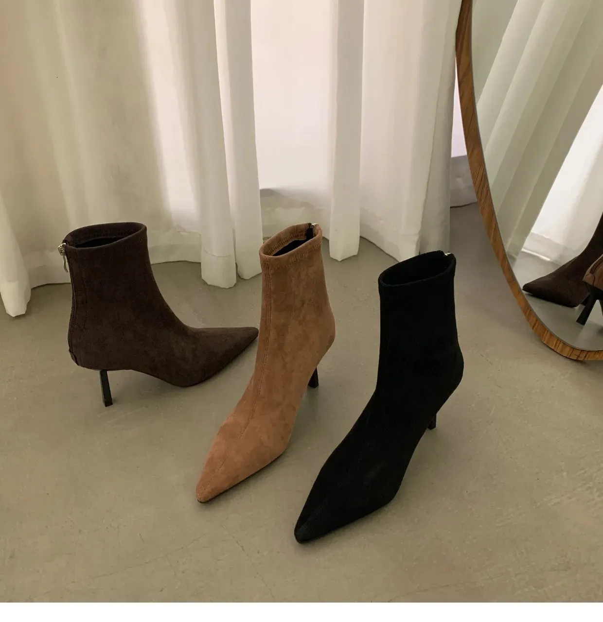 Winter womens mid-heel suede Womens with veet pointed ankle boots fashion boot high heel shoes 240629_voghion.com