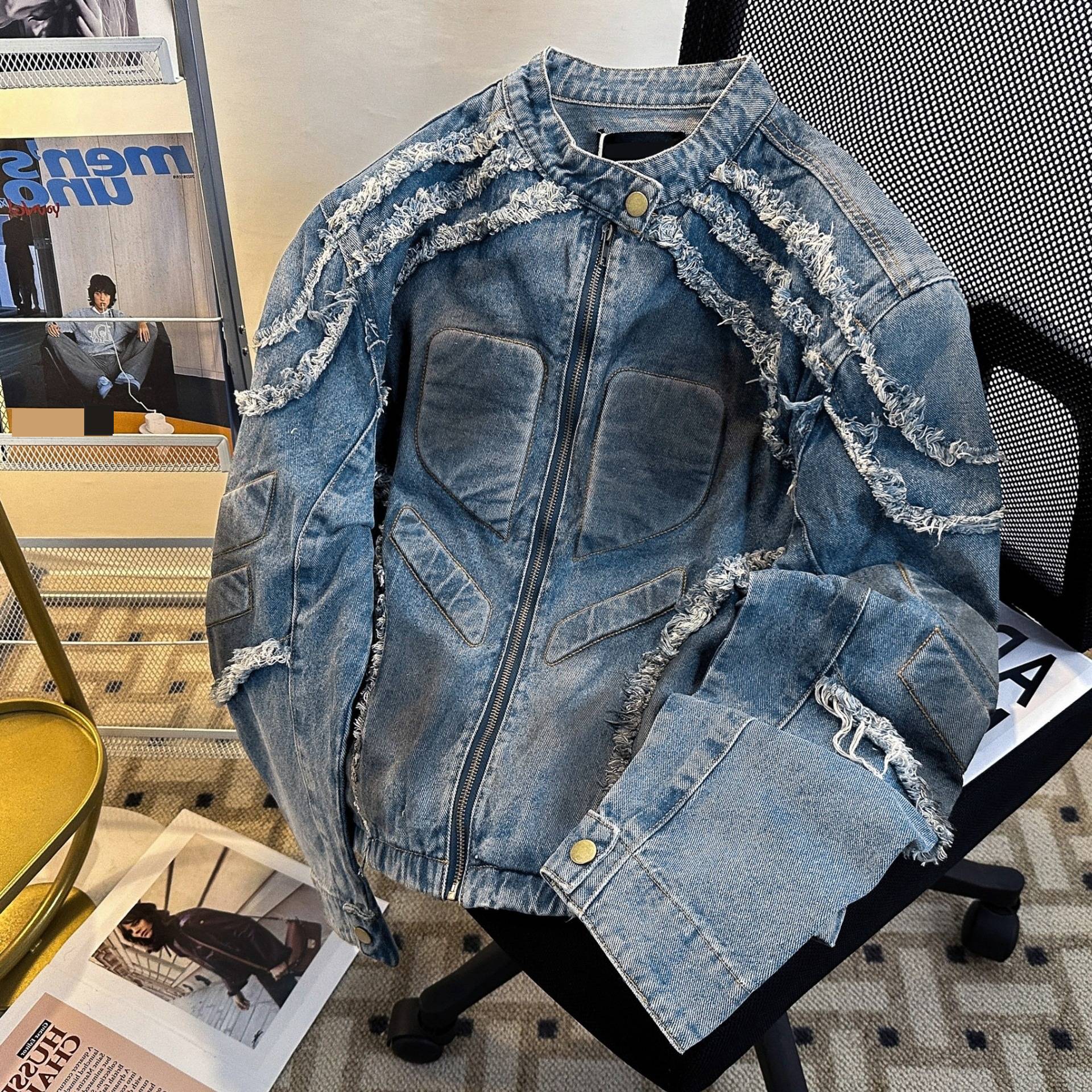 Men's Denim Jacket Padded Shoulder Retro Style Stand Collar Top_voghion.com