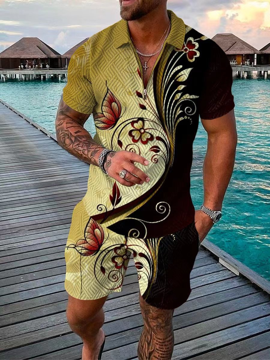Goldener modischer Reißverschluss für Herren, lässiges 3D-gedrucktes Poloshirt, Shorts, 2-teiliges Set_voghion.com