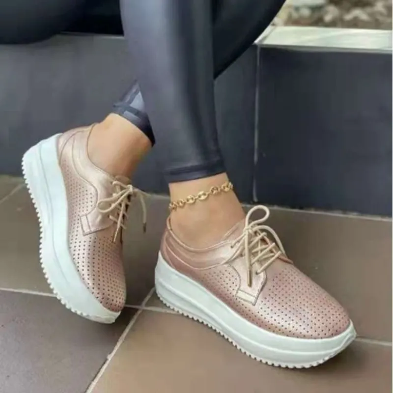 Women's Shoes Fashion Casual Solid Color Hollow Breathable Round Toe Strap Flat-heeled Platform Comfortable Sneaks_voghion.com