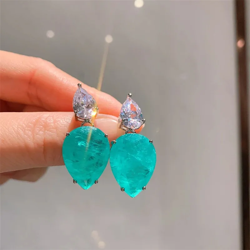 QXTC Vintage Paraiba Tormalina Gemstone Lab Diamanti Collana Orecchini Ciondoli Nozze Festa Pregiata Set di Gioielli_voghion.com