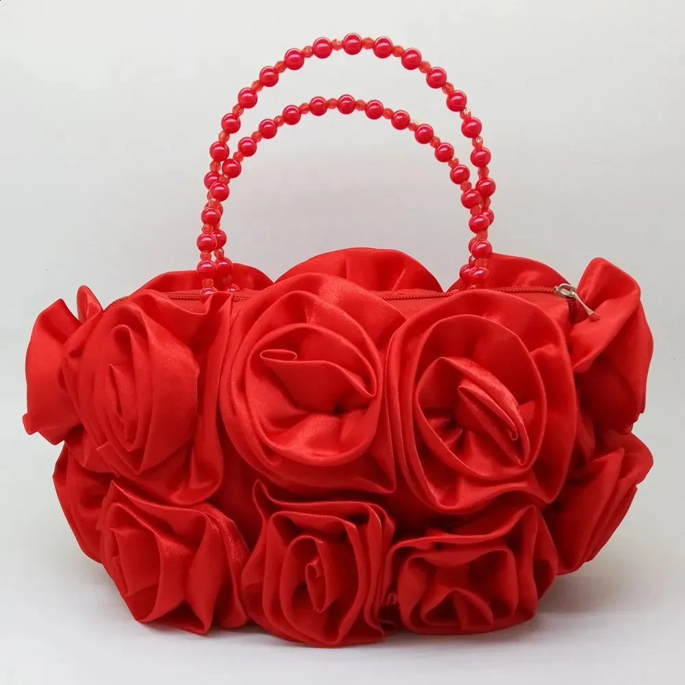 Boutique De FGG Red wer Rose Bush Donna Borsa da sera in raso con manico in perline Borsa da sposa Borsa da sposa Clutch 240726_voghion.com