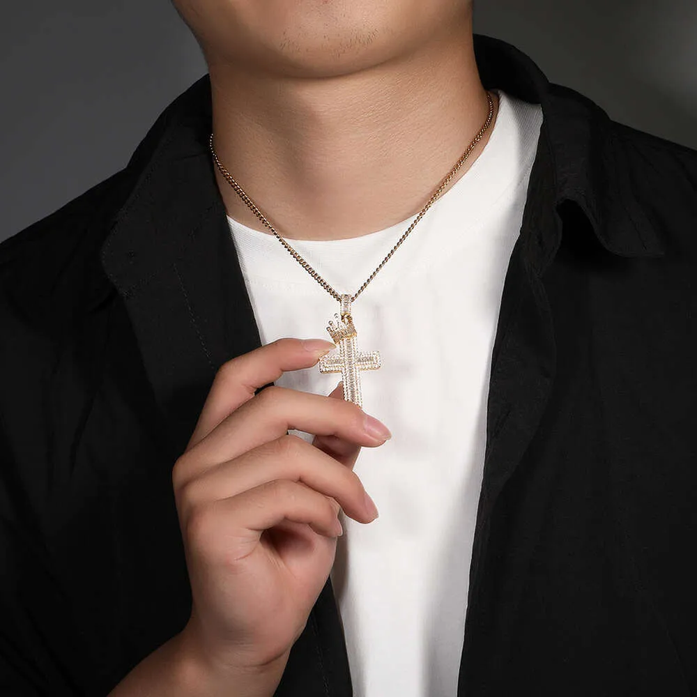 Krone kors anheng halskjede menn Hip Hop punk mote personlighet bred GRA moissanitt diamant gull sterling sier cubansk_voghion.com