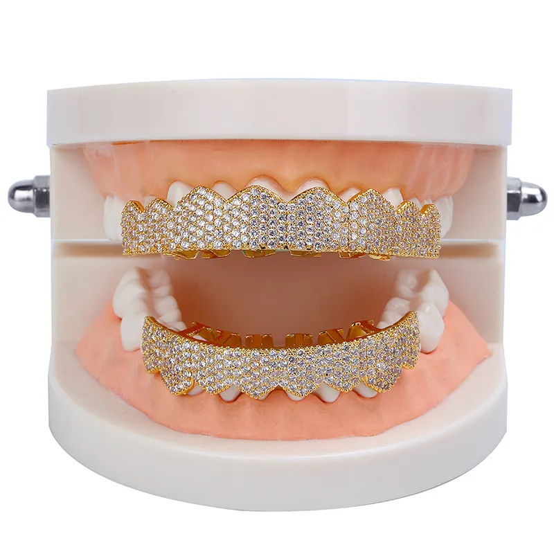 Echtes Gold Zähne Fang Grillz Punk Hip Hop Cubic Zirkon Iced Out Vampire Dental Mund Grills Zahnspangen Zahnkappe Rapper_voghion.com