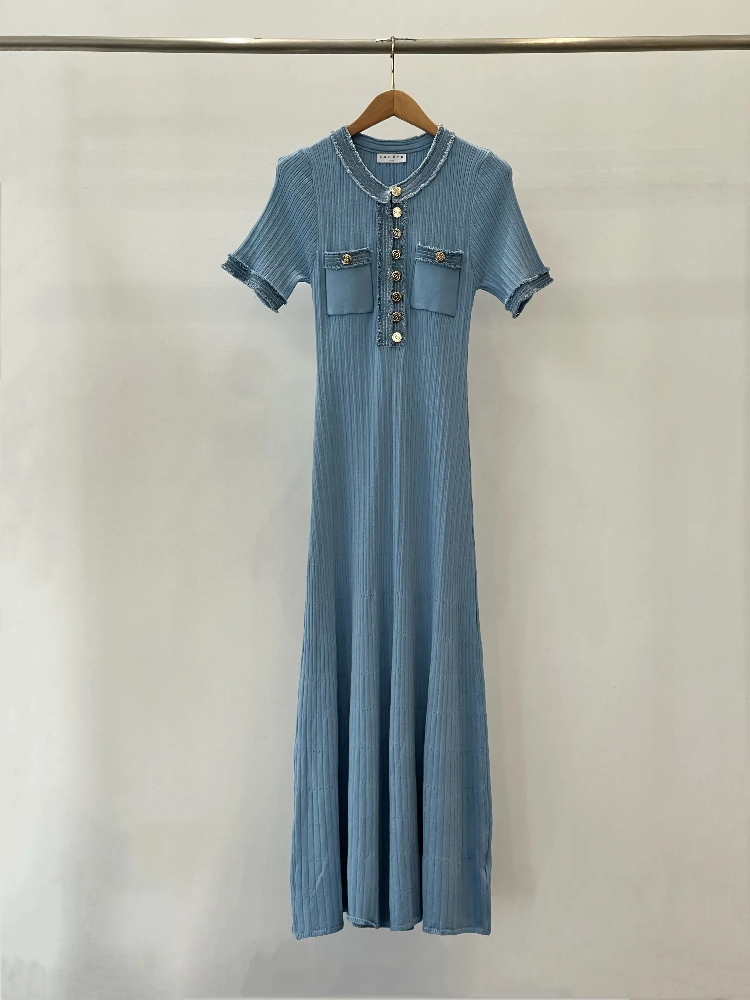 Sandro Dress French Elegant and Fashionable Early Spring New Womens Vestidos Hem Long Robe Simple Waist Knitted_voghion.com