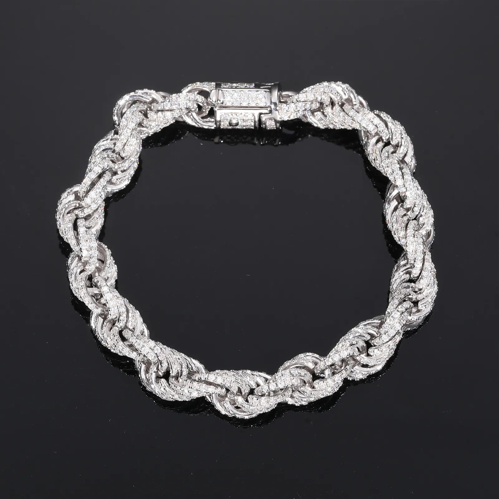 8mm Tamamen Buzlu Halat Kolye Yaylı Toka Bağlantı Zincir Bileklik Sterling Gümüş ve VVS Moissanite_voghion.com