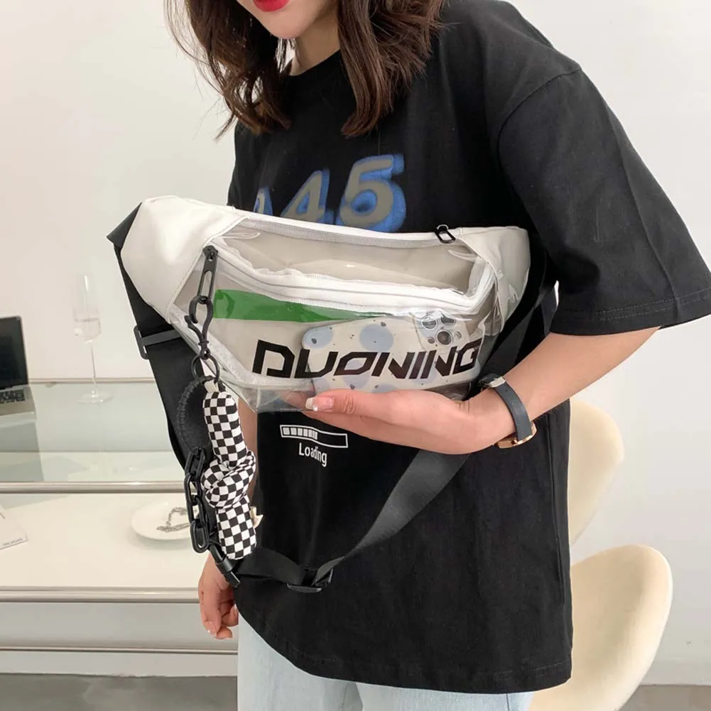 Fashion Fanny Packs Unisex Clear PVC Waist Pouch Multi-functional Letter Printed With Pendant Adjustable Buckle Strap_voghion.com
