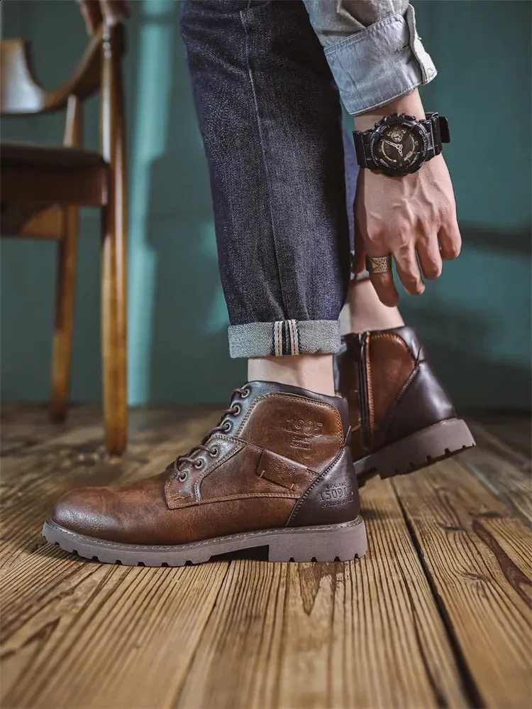 Bottines de travail en cuir marron pour homme, faites à la main, pour l'automne et l'hiver, style vintage, en tendon de bœuf, 240830_voghion.com
