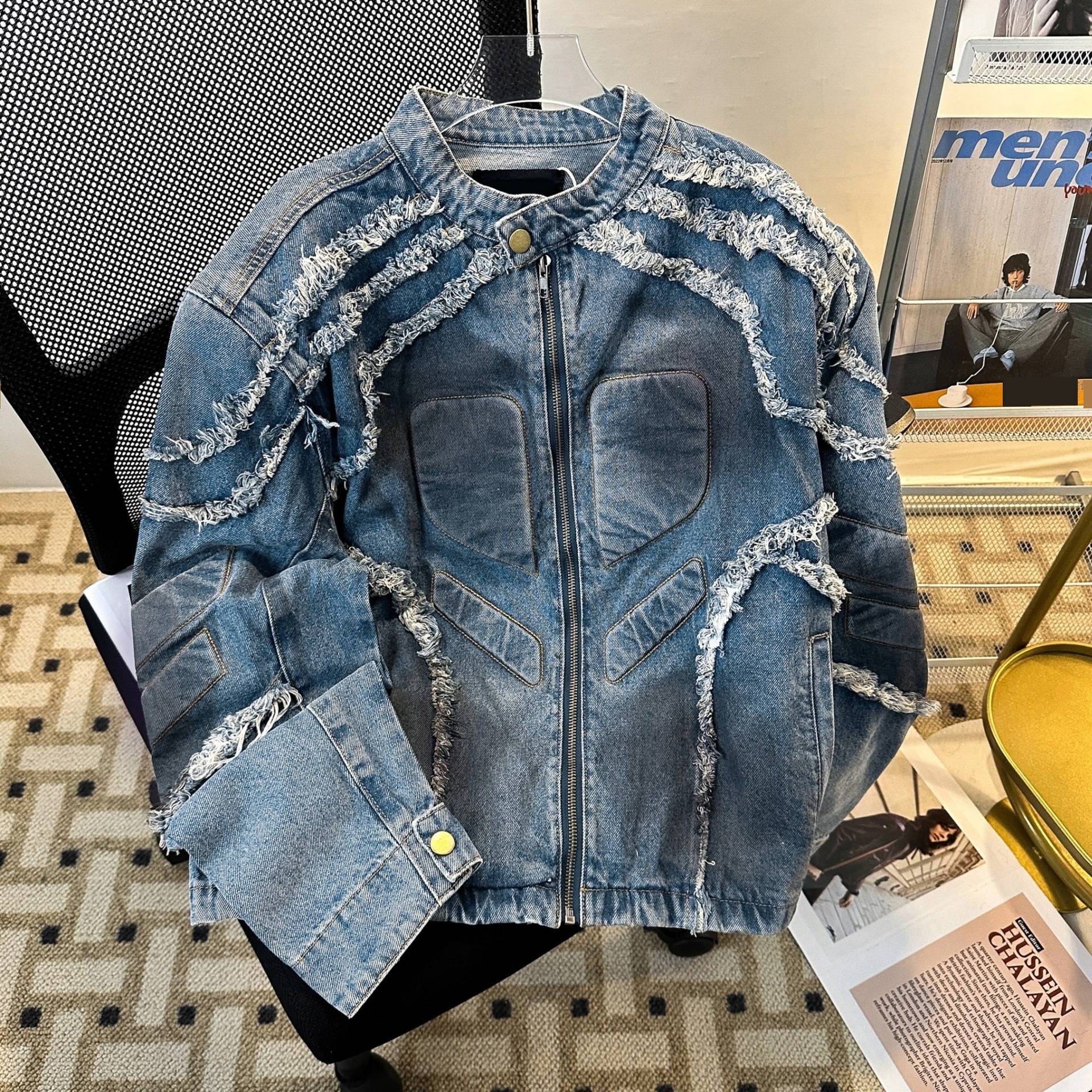 Men's Denim Jacket Padded Shoulder Retro Style Stand Collar Top_voghion.com