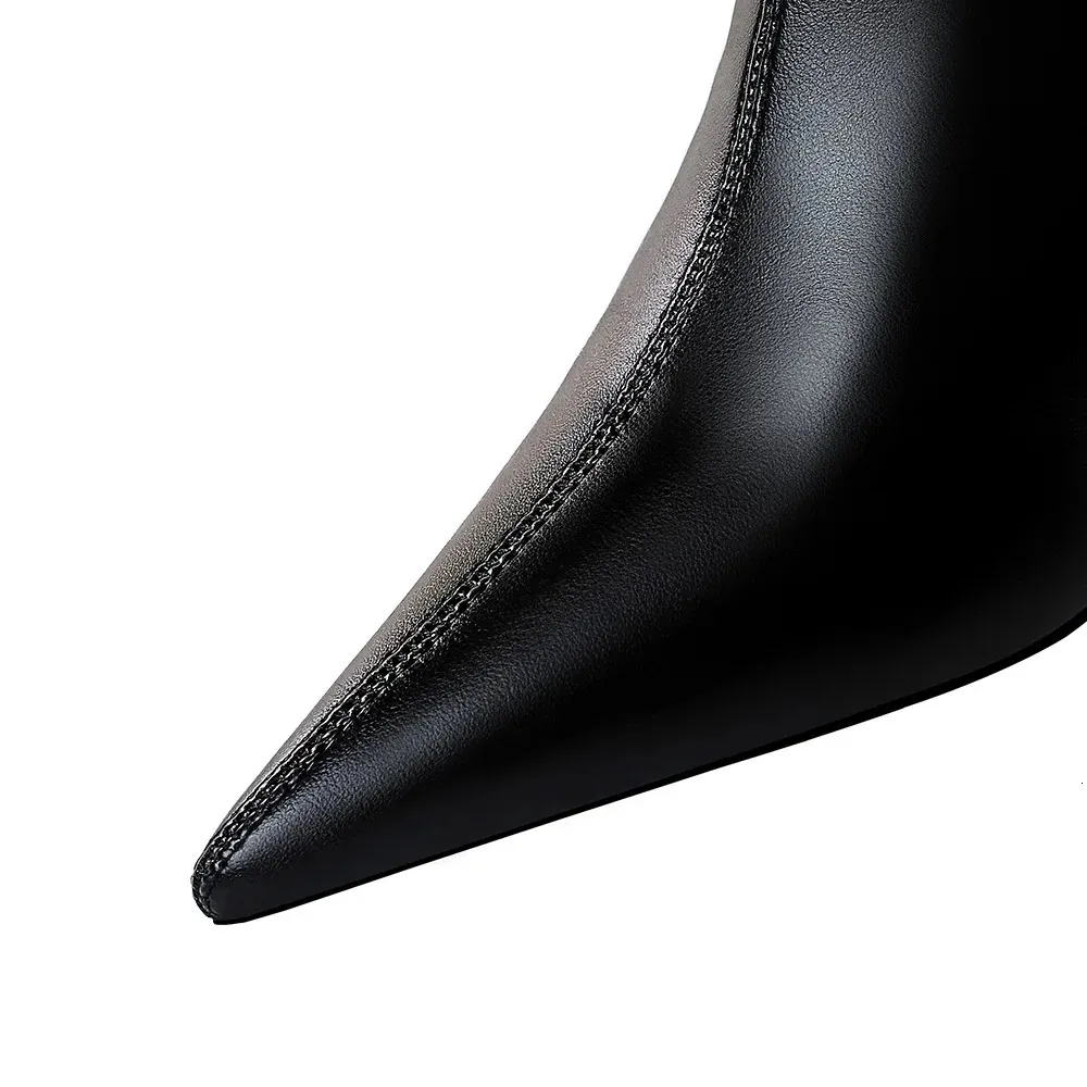 Women 75cm 10cm High Heels Leather Boots Lady Low Short Ankle Stripper Winter Warm Snow Plush Pointed Toe Shoes 240624_voghion.com
