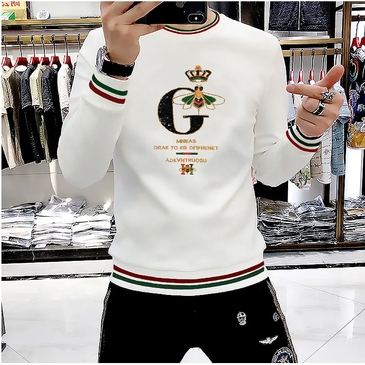 Herren Sweatshirt Mit Pailletten Stickerei Langarm Pullover_voghion.com