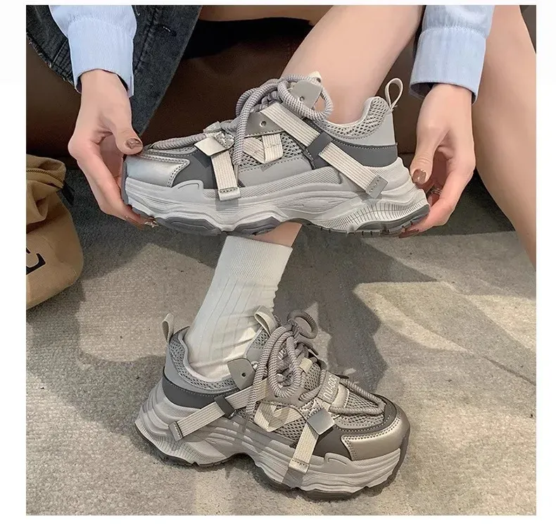 Dames Chunky Sneakers Lente Ademend Mesh Platform Sport Vrouw Mode Veterschoenen Dikke Zool Casual Schoenen Mujer 240618_voghion.com