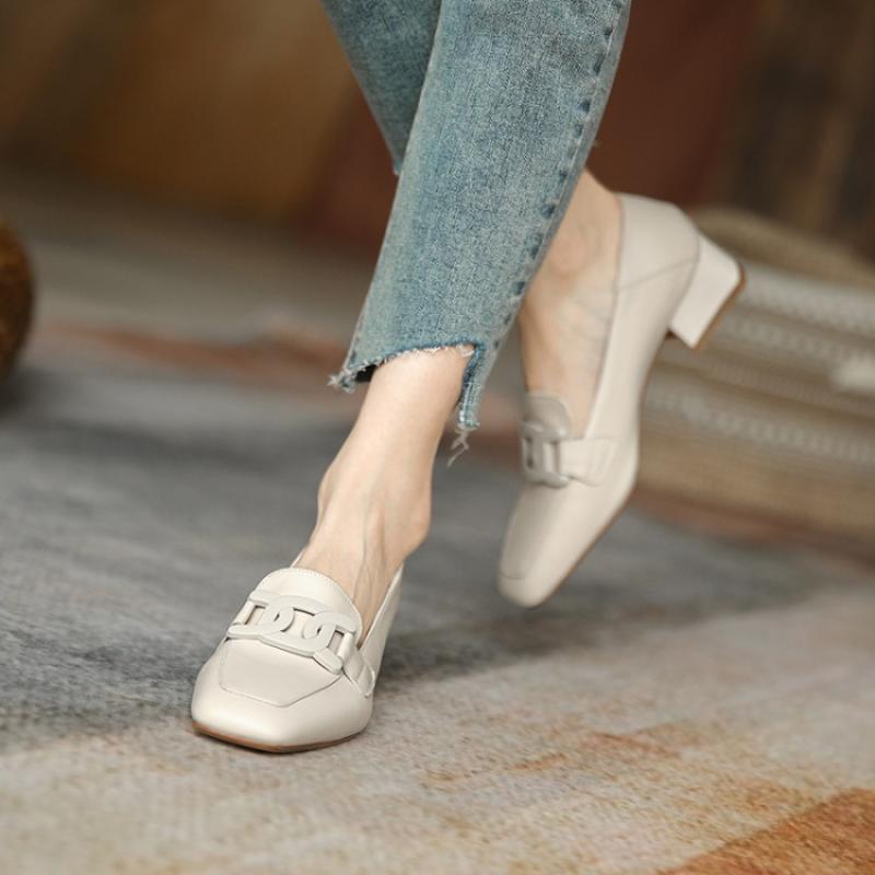Women's Leather British Style 2022 Spring And Autumn New Chunky Heel Loafers Slip-On Mid-Heel Shoes_vogvips.com