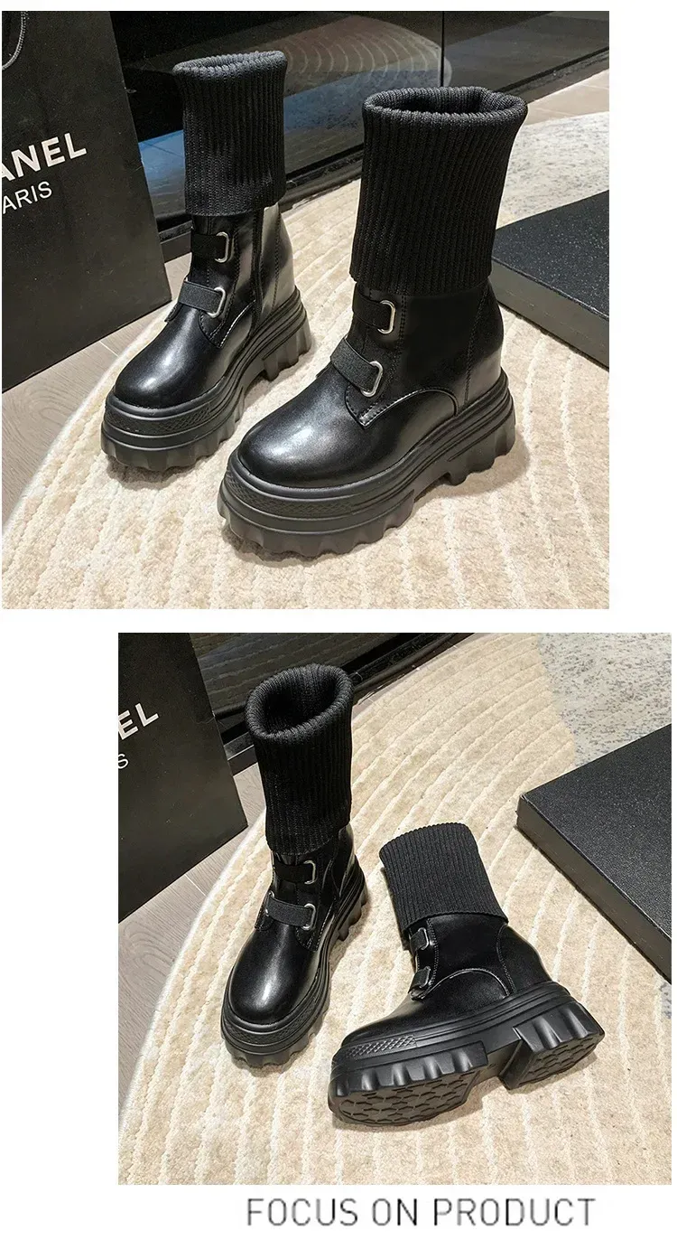 Platform Women Gothic Elastic Band Wedges Boots Frosted Leather Thick Sole Punk Internal Increated Short Botas Mujer_voghion.com
