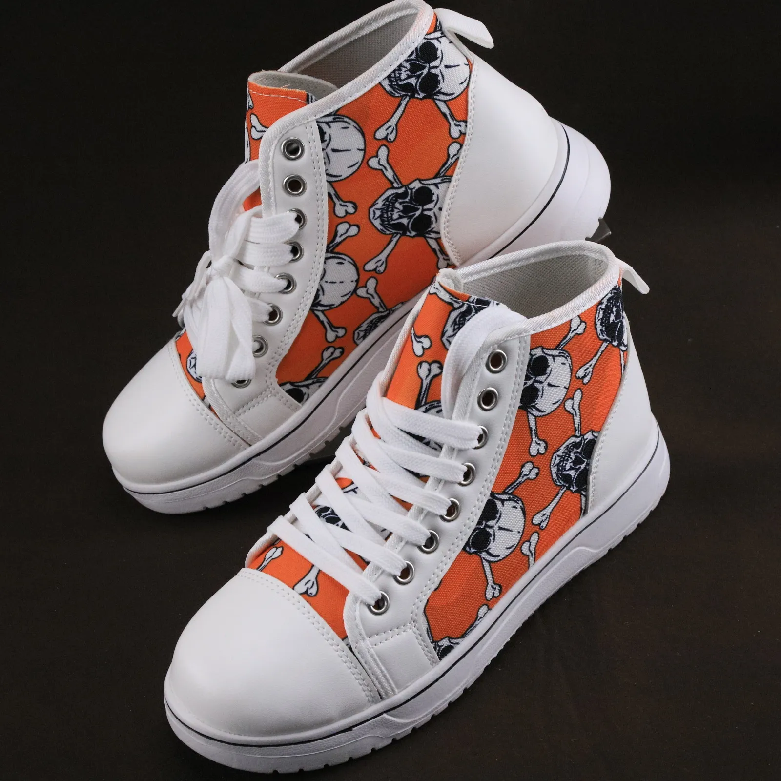 Grote Halloween schedelbot 3D geprinte hoge veterschoenen van canvas, platte bodem boardschoenen voor dames_voghion.com