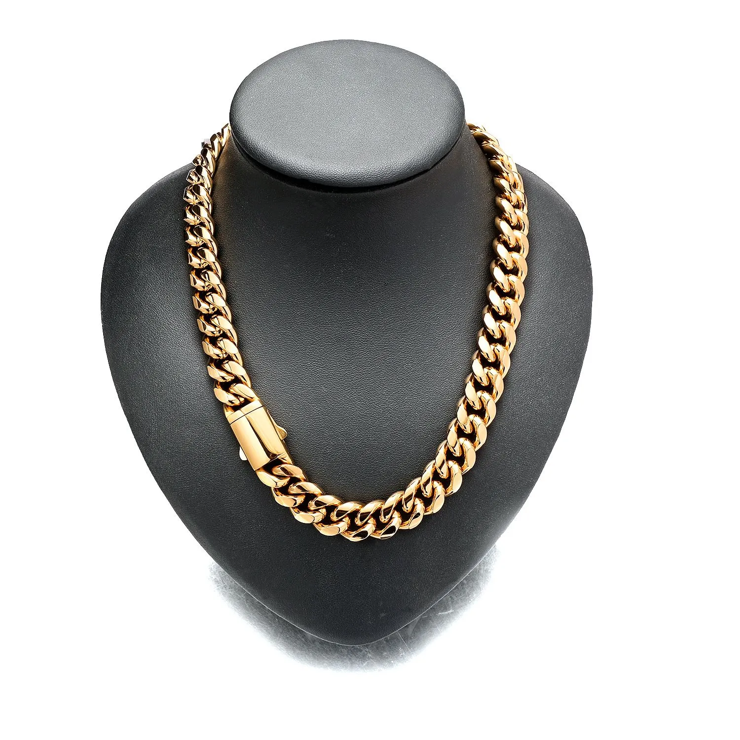 Collana con catena a maglie cubane Miami in acciaio inossidabile Hip Hop da 6 mm a 14 mm, set di gioielli con accessori placcati in oro liscio_voghion.com