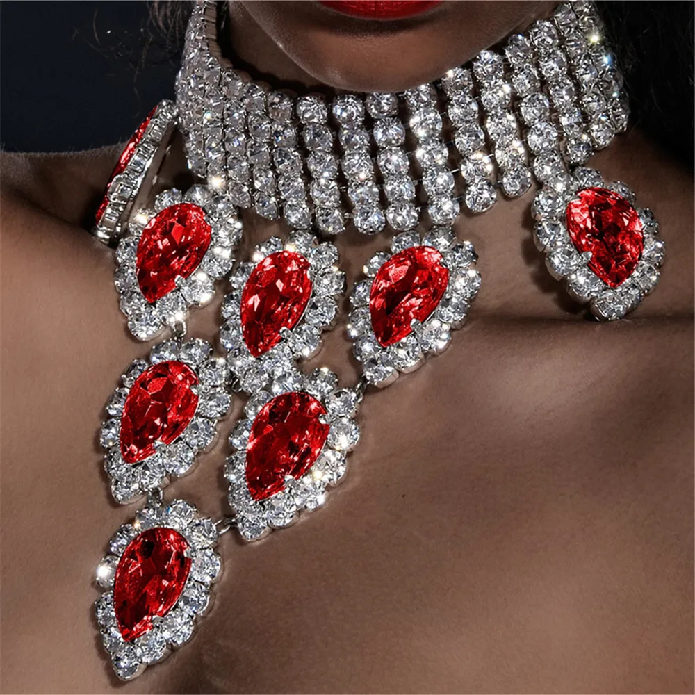 Deluxe Rhinestone Choker Necklace Multi-row Crystal Drop Pendant_voghion.com