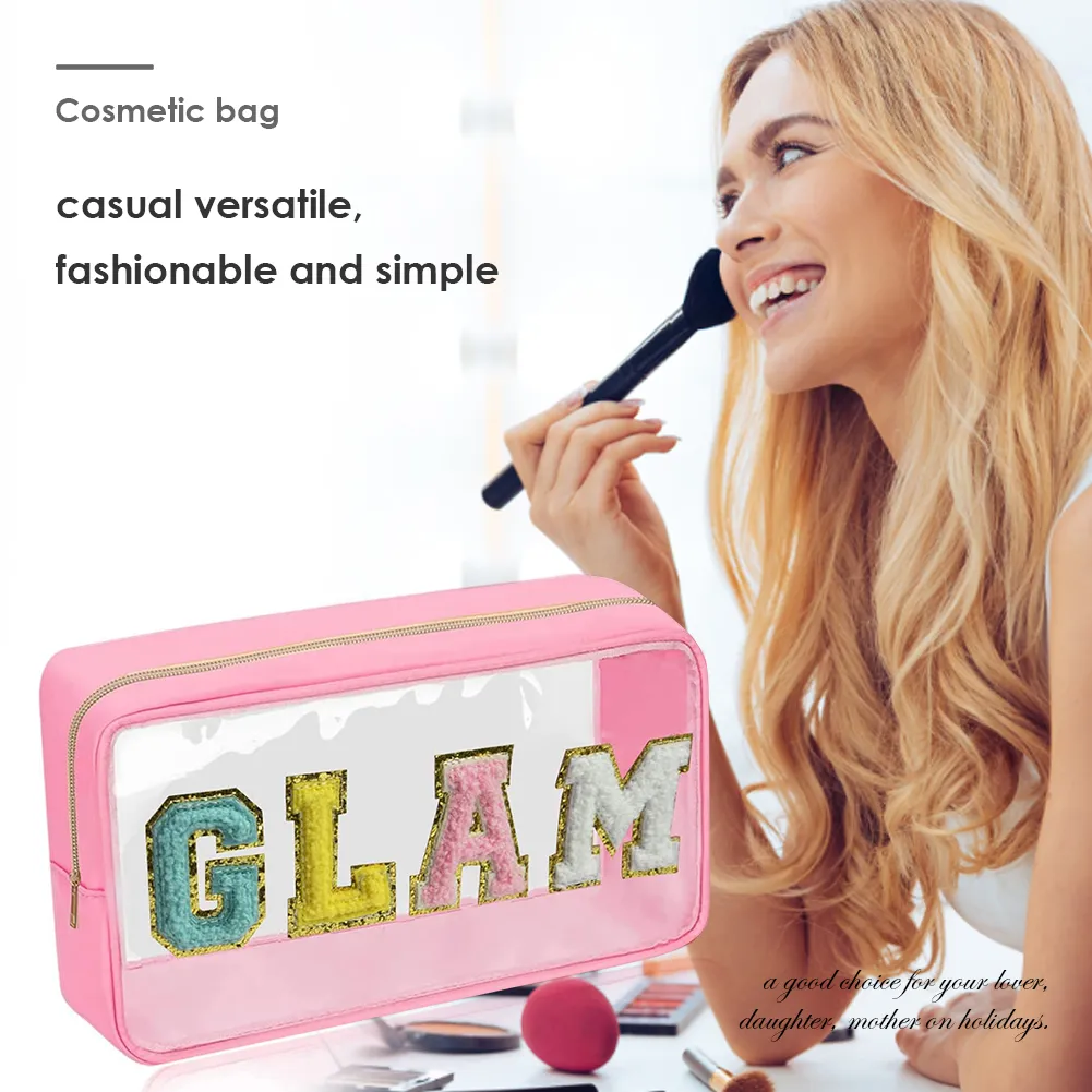 Mode Kosmetiktasche Große Kapazität Casual Organizer Clutch Taschen Transparent Bestickte Buchstaben Patches Tragbar Für_voghion.com