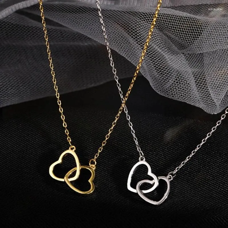 Catene Semplice Hollow Doppio Cuore Ciondolo Choker Moda Metallo Clavicola Catena Collana Festa Gioielli Impilabile Collare_voghion.com