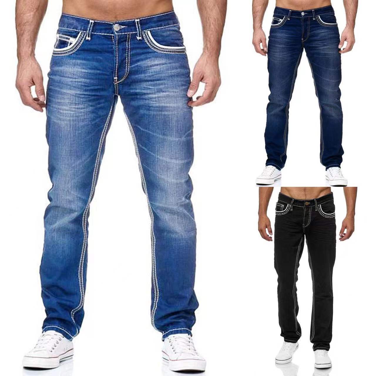 Nuevos pantalones vaqueros de doble línea ajustados para hombre de alta calidad, pantalones vaqueros clásicos dorados de tres colores, nuevo estilo