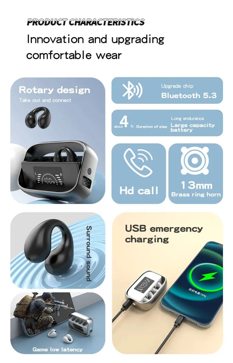 Wireless Led Ear Clip Bluetooth Headphones With Noise Reduction_voghion.com