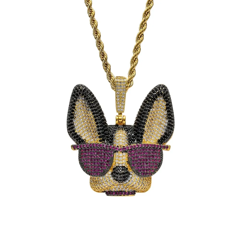 Colgante de latón con circonita cúbica grande y diseño de perro ingenioso con gafas, collar de estilo hip hop helado para hombres y mujeres, joyería de fiesta, regalo CN1371_voghion.com