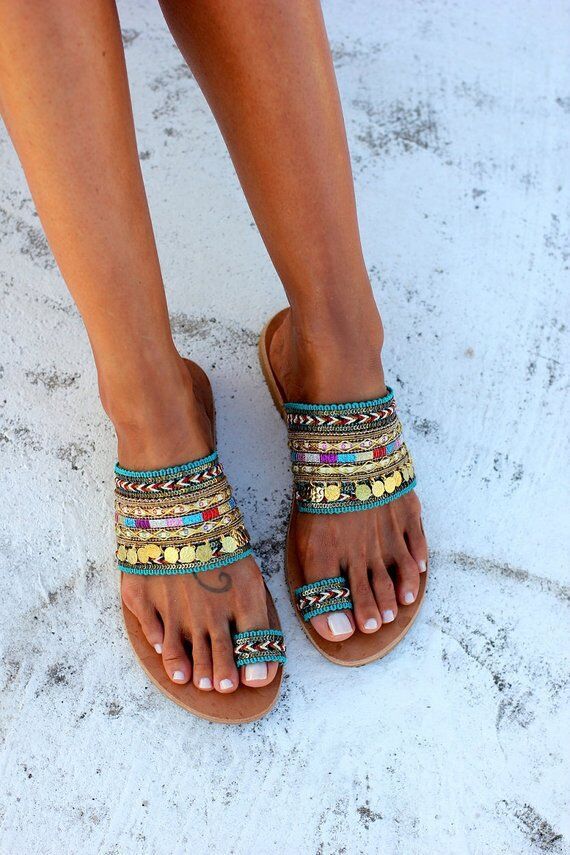 2025 Ethnic Style Handmade Beaded Sandals New Summer Large Size Metal Decor Sequin Toe Ring Flat Roman Shoes_voghion.com