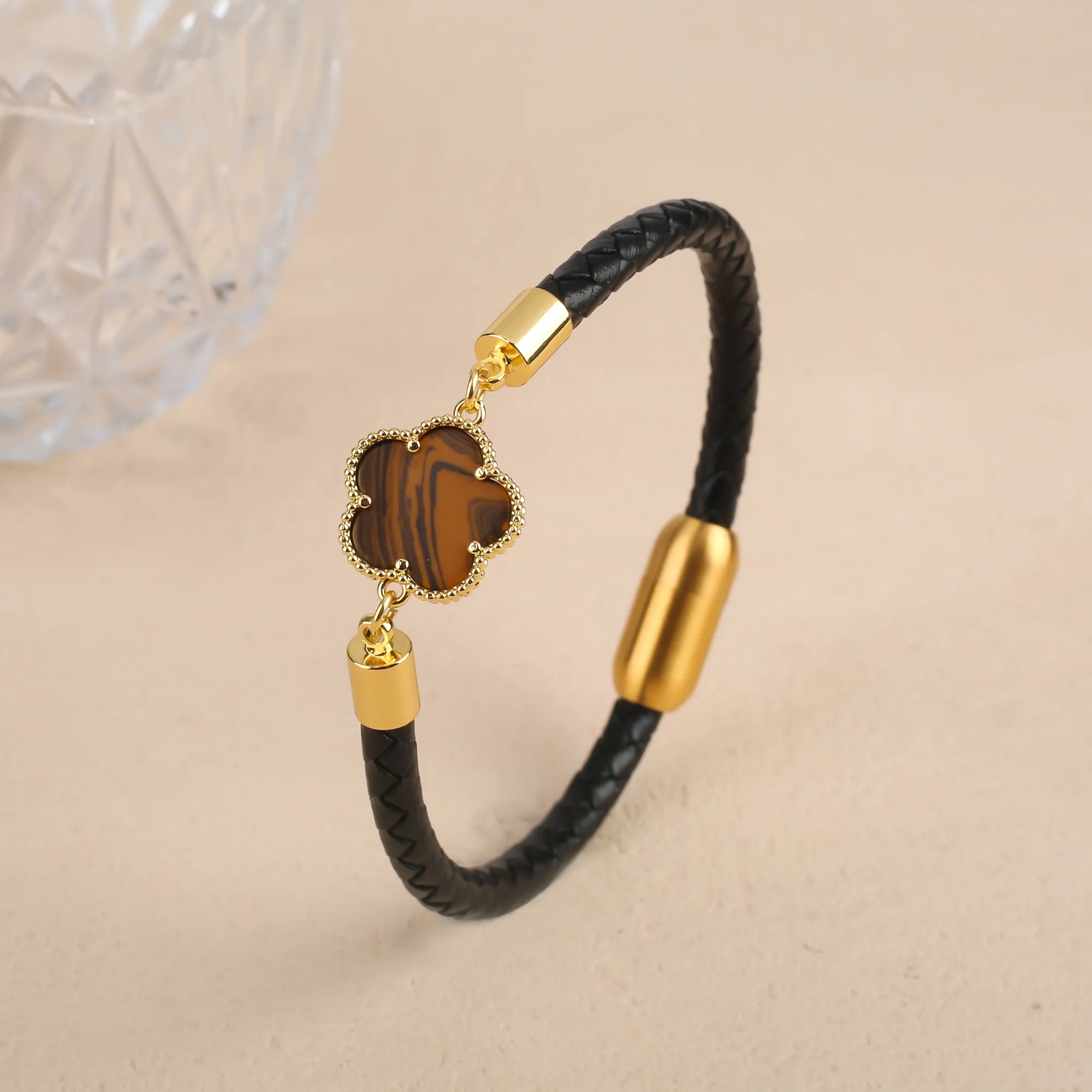 Clover Charm Leather Bracelet For Men And Women Simple Style_voghion.com