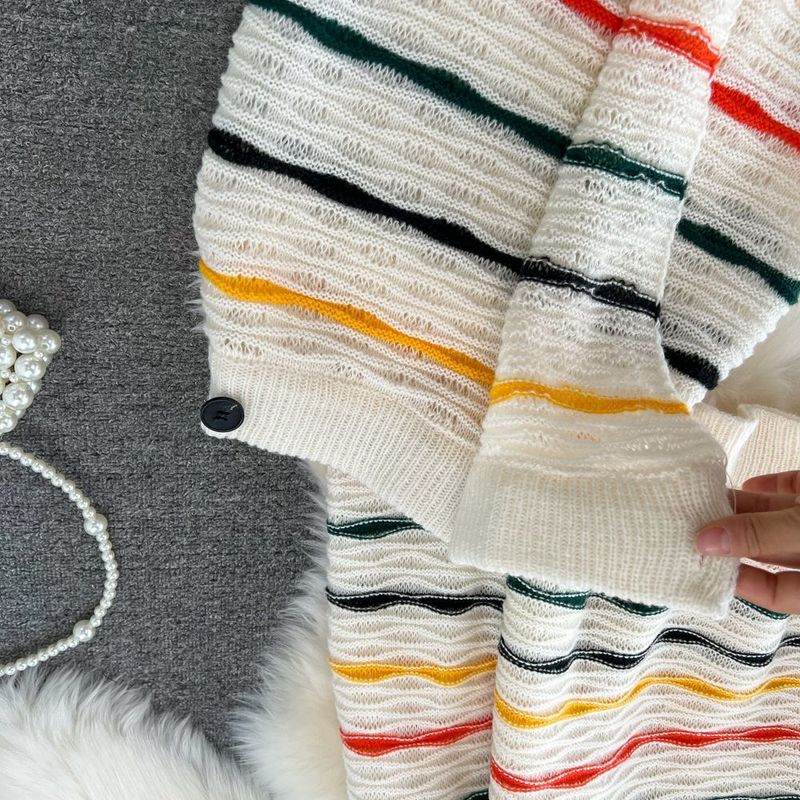 Women's fashion color contrast knit suit ice cream striped top slimming slit skirt_voghion.com