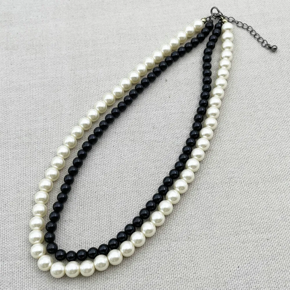 Ketten M158 Modeschmuck Schwarze Perlen Weiße Perle Doppelschichtige Halskette Frauen_voghion.com