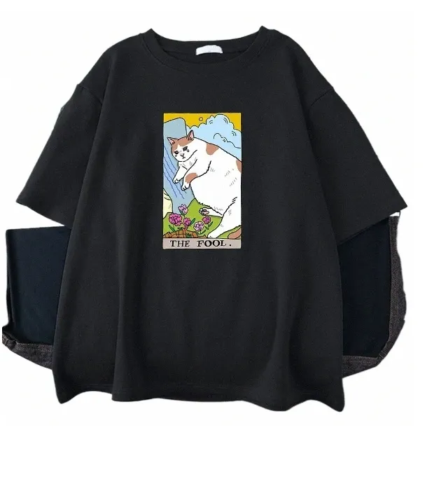 Designer-T-Shirt mit traurigem Katzen-Print für Herren und Damen, modisch, süß, lässig, Retro, personalisierte Street-Tops_voghion.com