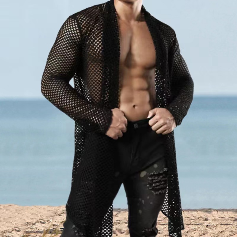 Herren-Übergröße, Schalkragen, Cut-Out, lange Strickjacke, Netzstoff, durchsichtig, Langarmshirt_voghion.com