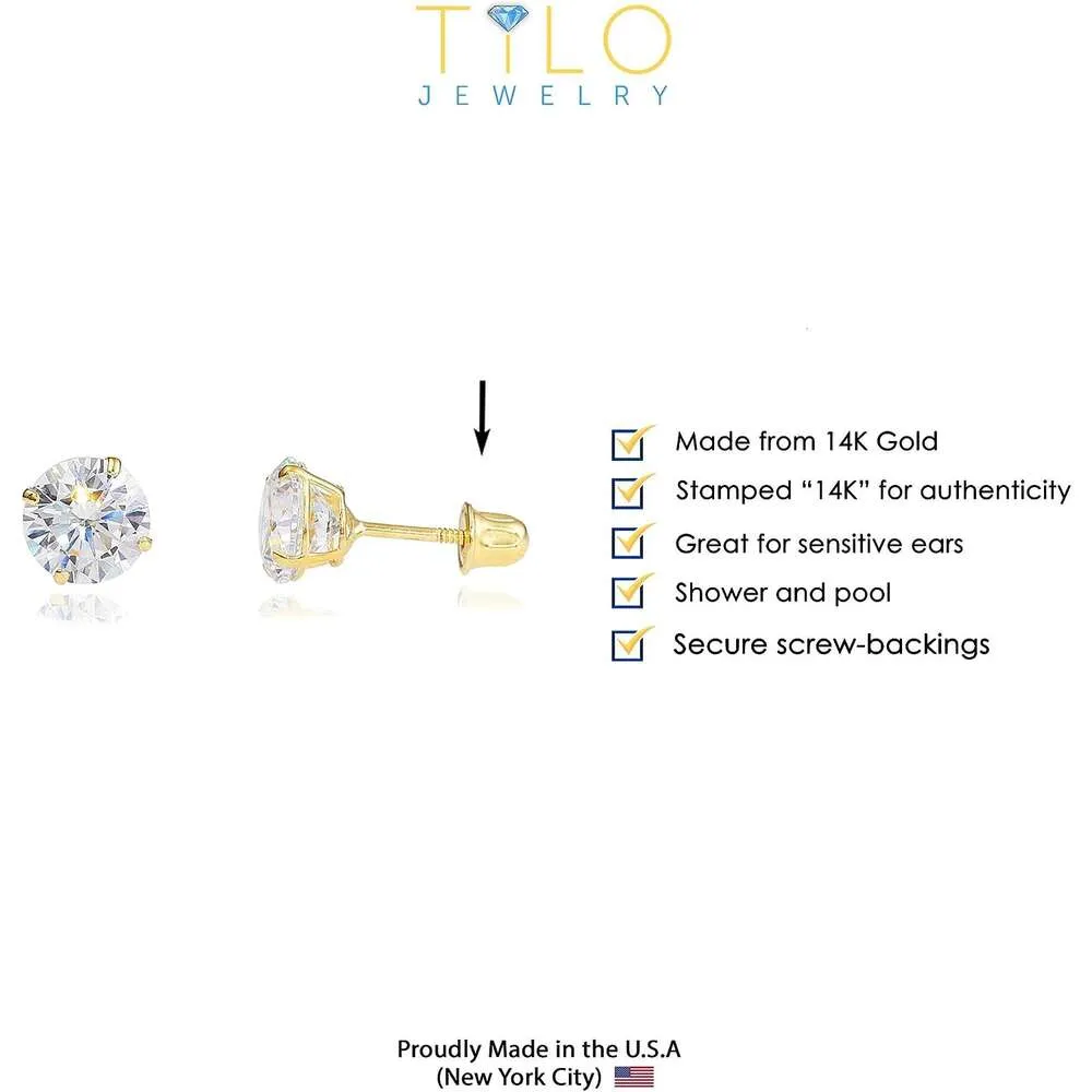 Orecchini a bottone con zirconi cubici rotondi solitari in oro giallo 14k con chiusura a vite sicura_voghion.com