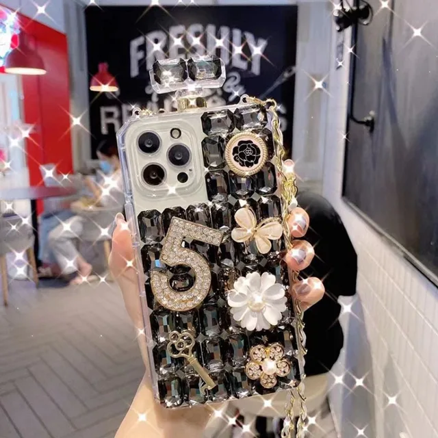 Graceful Rhinestone Sparkle Mobile Phone Case for iPhone, Real Diamond Perfume Bottle Bling Top Case, 14, 13, 15_voghion.com