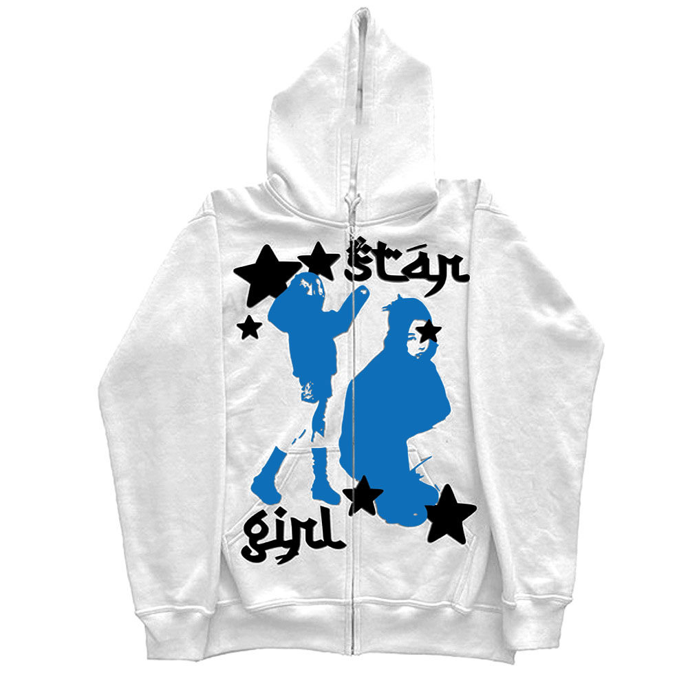 Felpa con cappuccio e cerniera nera con stampa Star Girl, abbigliamento da uomo, street hip hop_voghion.com