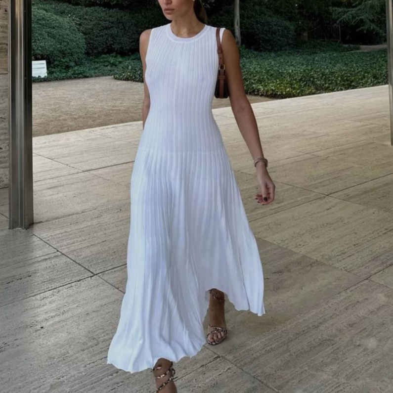 women's new knitted dress casual waist round neck large pit stripes slim knitted long skirt for women