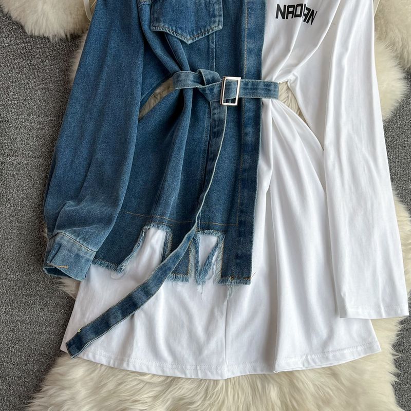 Damenbekleidung Temperament Taille mit Gürtel farblich passendes Denim lässiges mittellanges T-Shirt-Kleid_voghion.com