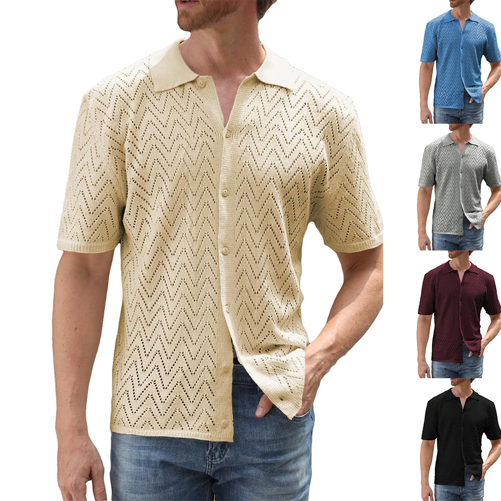 Men's Clothing Men's Casual Knitted Men's Short Sleeved Men's Shirt Cardigan Solid Color Hollow Tops Men's Clothing_voghion.com