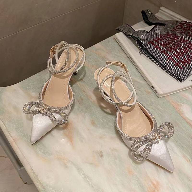 Bow knot rhinestone high heels, silk back strap buckle, slim heel women's sandals, French style