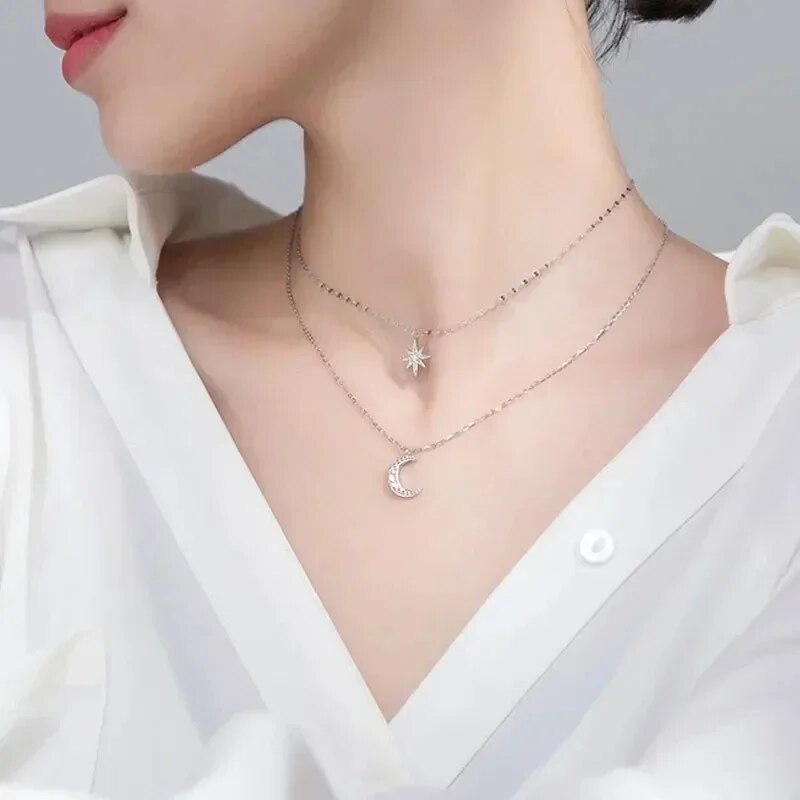 Double Layer Star Moon Necklace With Pearl For Women Silver Plated_voghion.com