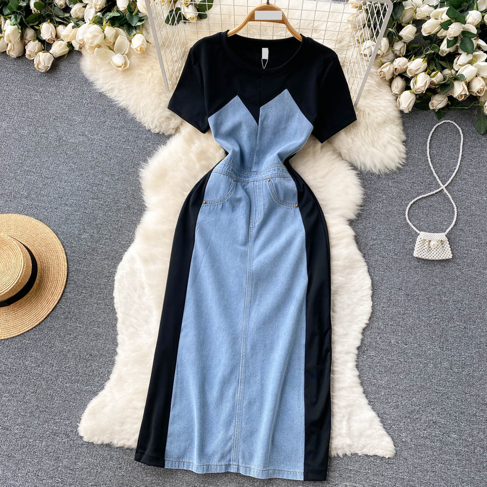 Vêtements pour femmes Robe patchwork en denim de couleur contrastée de style cool de haute qualité vêtements d'été pour femmes taille unique et belle jupe mi-longue à la mode