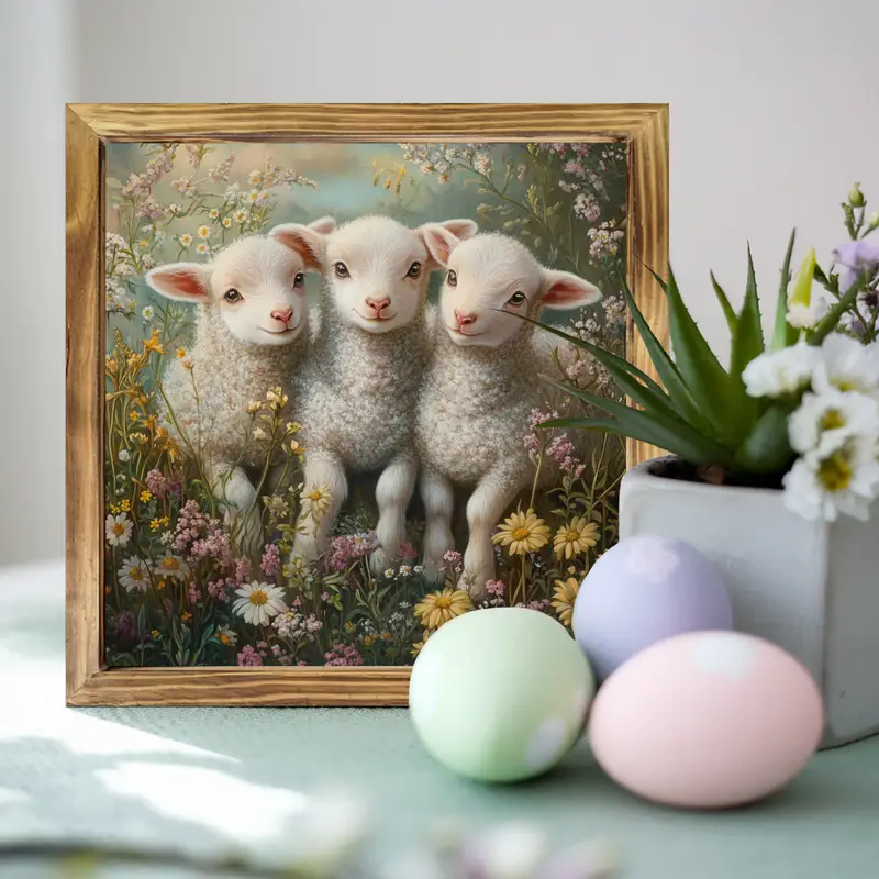 Panneau en bois vintage 8 x 8 pouces avec agneaux et fleurs – Décoration murale rustique encadrée pour cuisine, chambre, bureau – Cadeau idéal pour Pâques ou une pendaison de crémaillère_voghion.com