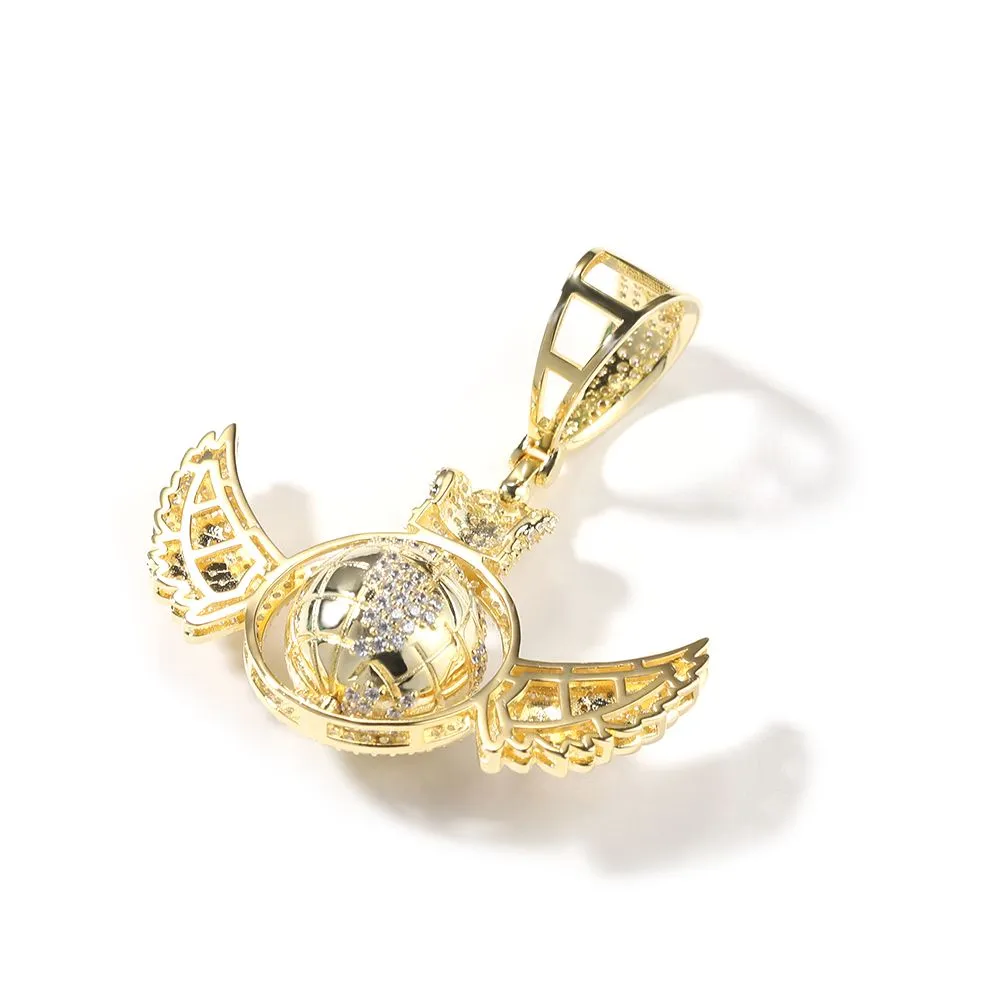 Hip Hop Engelsflügel drehen den Globus Anhänger Halskette voller 5A Zirkon echt vergoldet Schmuck_voghion.com