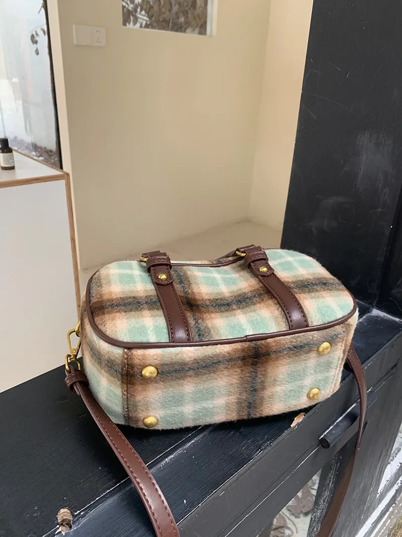 Borsa a tracolla da donna in lana, stile retrò college, stile bowling, stile Joker, stile plaid, stile New Wave_voghion.com
