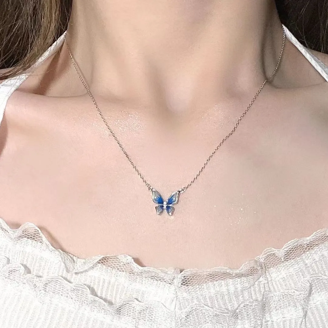 Chains Smart Gradient Blue Butterfly High-end Design Necklace Niche Light Ins Style Simple Fashion Clavicle Chain For_voghion.com