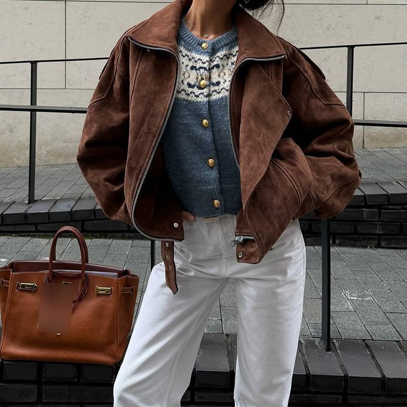 Women's Retro Brown Short Jacket Casual Loose Fit Spring Autumn_voghion.com
