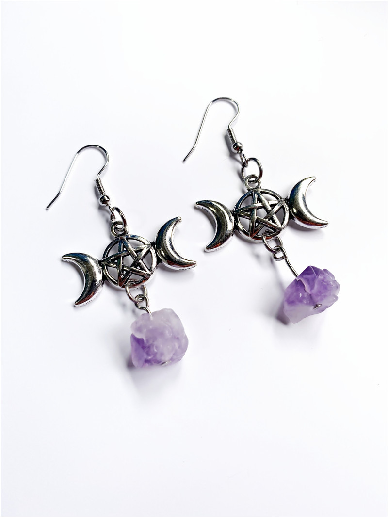 Cross-border Foreign Trade Fashionable Triple Moon Goddess Purple Irregular Crystal Dangling Earrings Factory Direct Sales_voghion.com
