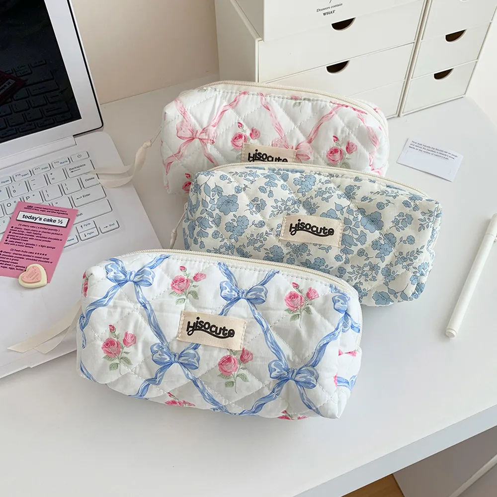 Borsa da trucco con cerniera, grande capacità, portatile, per cosmetici da donna, con fiocco e fiore, per ragazze._voghion.com